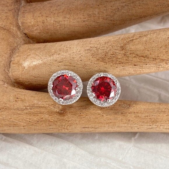 Jewelry - 925 Sterling Silver 1CT Garnet Ruby Red Moissanite Round Stud Earrings 2CT TW